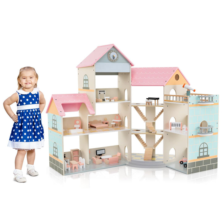 Wooden Corner Dollhouse Playset Pink Roof Doll House-Pink - TidySpaces