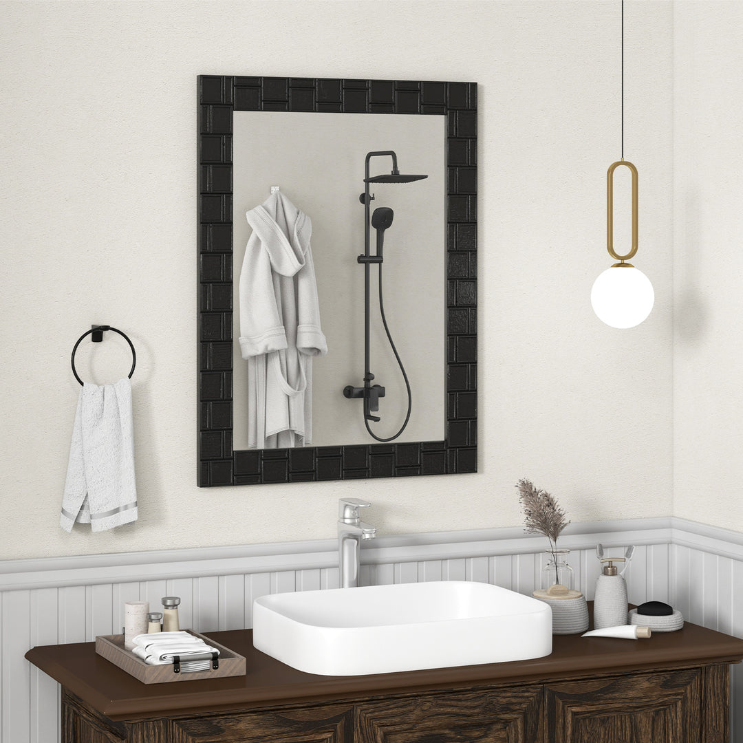 80 x 60 cm Wooden Framed Wall Mirror with Metal Hooks-Black - TidySpaces
