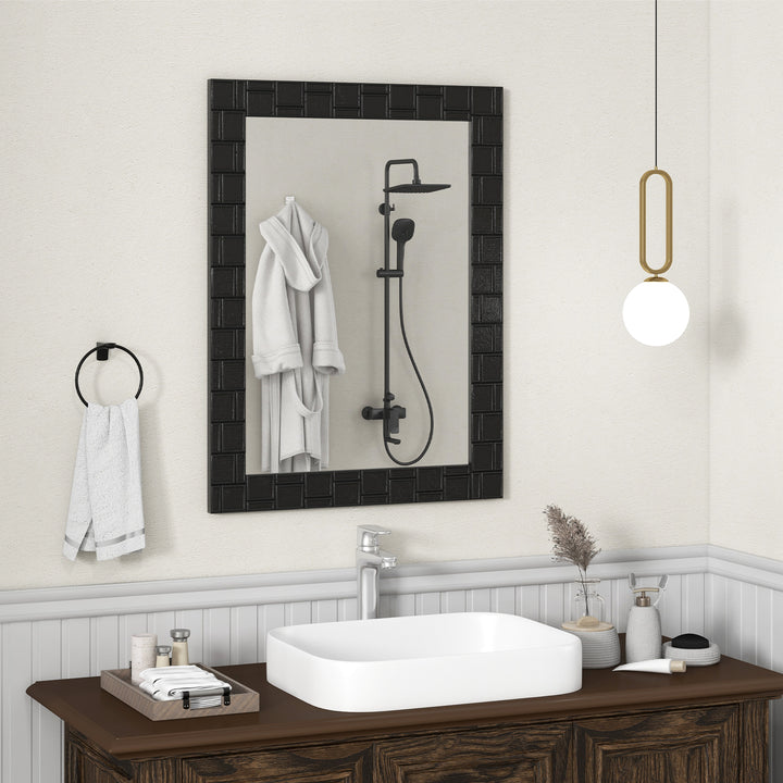 80 x 60 cm Wooden Framed Wall Mirror with Metal Hooks-Black - TidySpaces