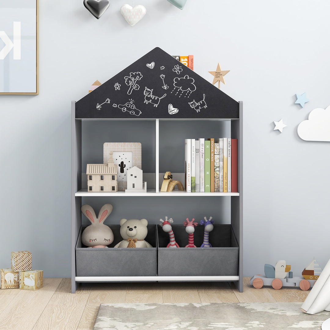 Wooden Kids Dollhouse Bookshelf Toy Storage Organizer with Chalkboard