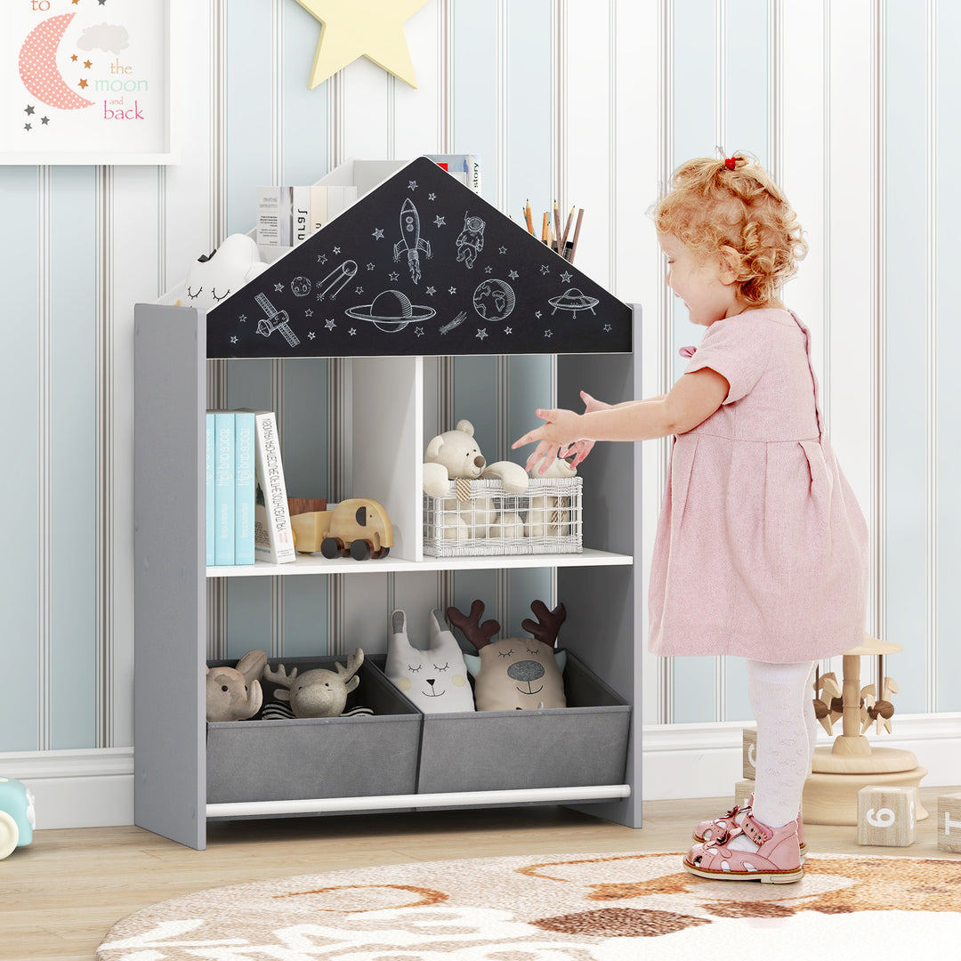 Wooden Kids Dollhouse Bookshelf Toy Storage Organizer with Chalkboard