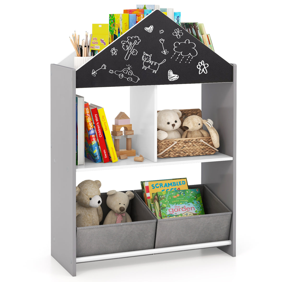 Wooden Kids Dollhouse Bookshelf Toy Storage Organizer with Chalkboard