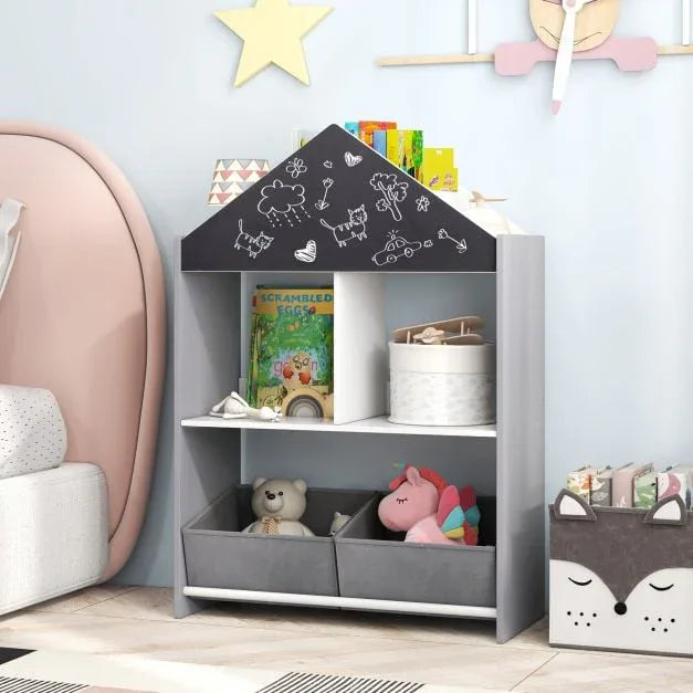 Wooden Kids Dollhouse Bookshelf Toy Storage Organizer with Chalkboard - TidySpaces