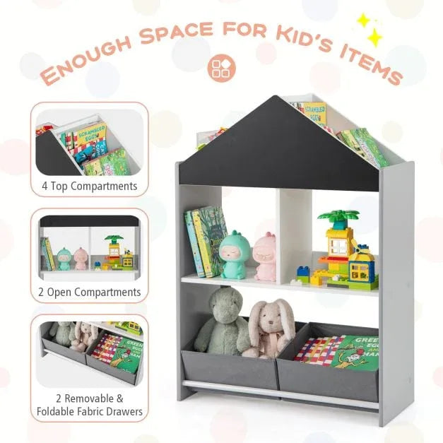 Wooden Kids Dollhouse Bookshelf Toy Storage Organizer with Chalkboard - TidySpaces