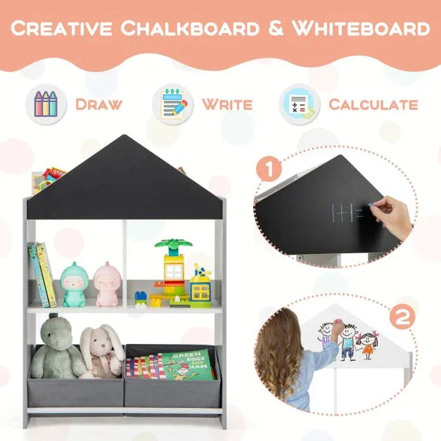 Wooden Kids Dollhouse Bookshelf Toy Storage Organizer with Chalkboard - TidySpaces