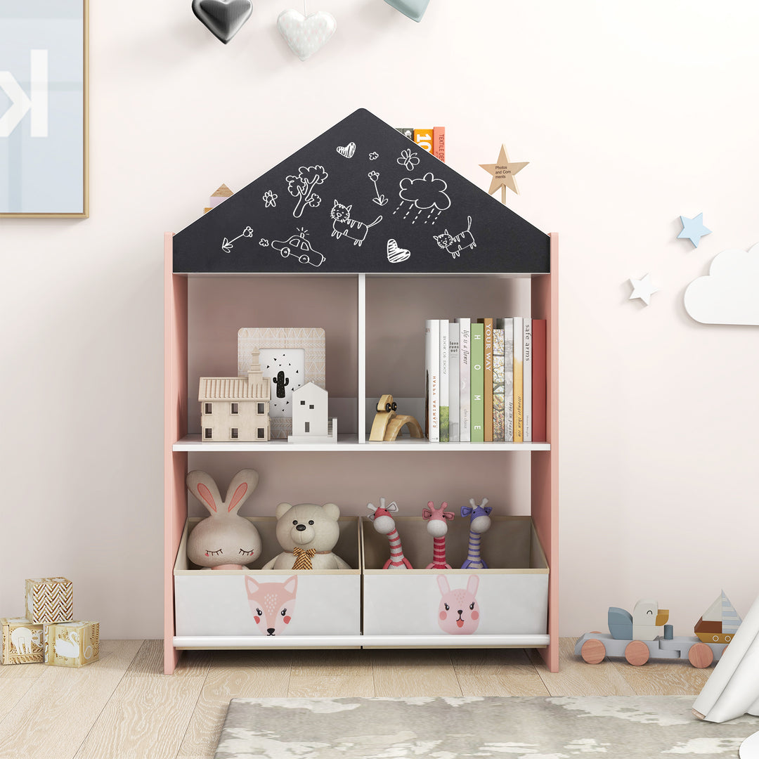 Wooden Kids Dollhouse Bookshelf Toy Storage Organizer with Chalkboard