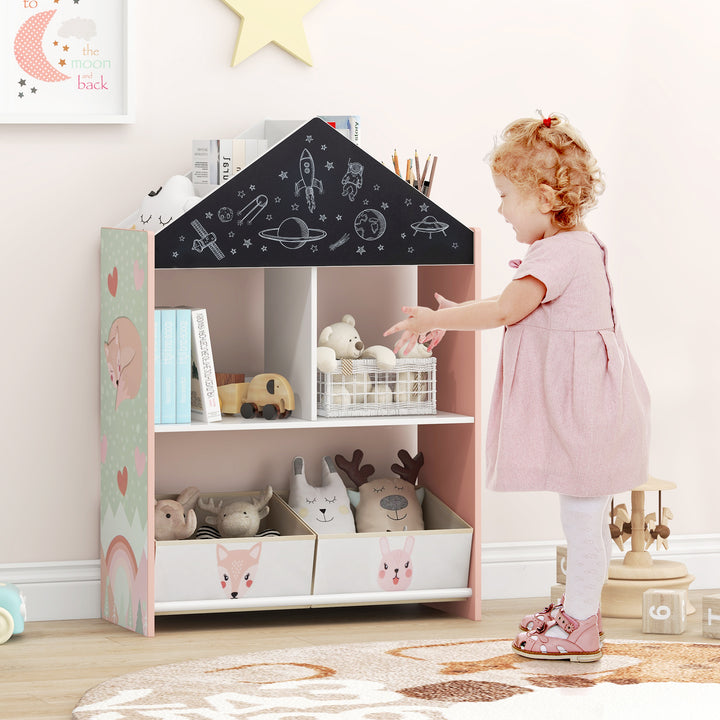 Wooden Kids Dollhouse Bookshelf Toy Storage Organizer with Chalkboard