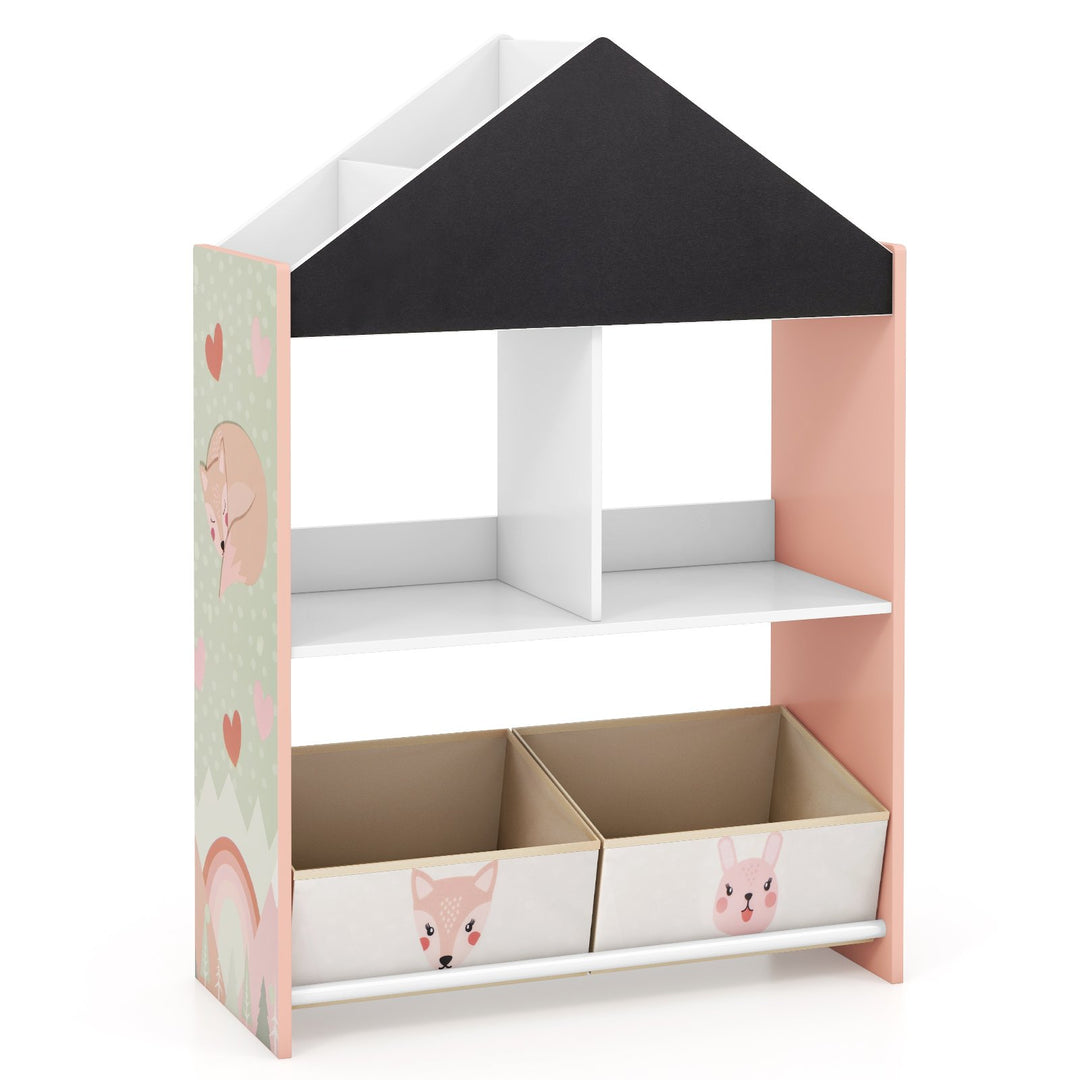 Wooden Kids Dollhouse Bookshelf Toy Storage Organizer with Chalkboard