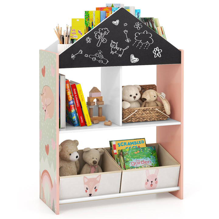 Wooden Kids Dollhouse Bookshelf Toy Storage Organizer with Chalkboard