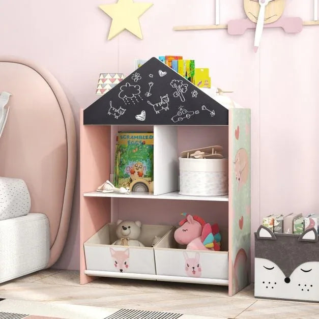 Wooden Kids Dollhouse Bookshelf Toy Storage Organizer with Chalkboard - TidySpaces