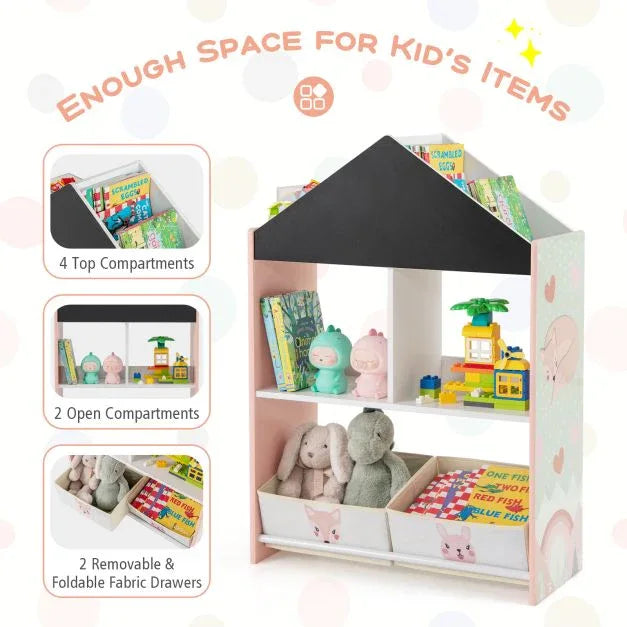Wooden Kids Dollhouse Bookshelf Toy Storage Organizer with Chalkboard - TidySpaces