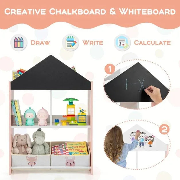 Wooden Kids Dollhouse Bookshelf Toy Storage Organizer with Chalkboard - TidySpaces