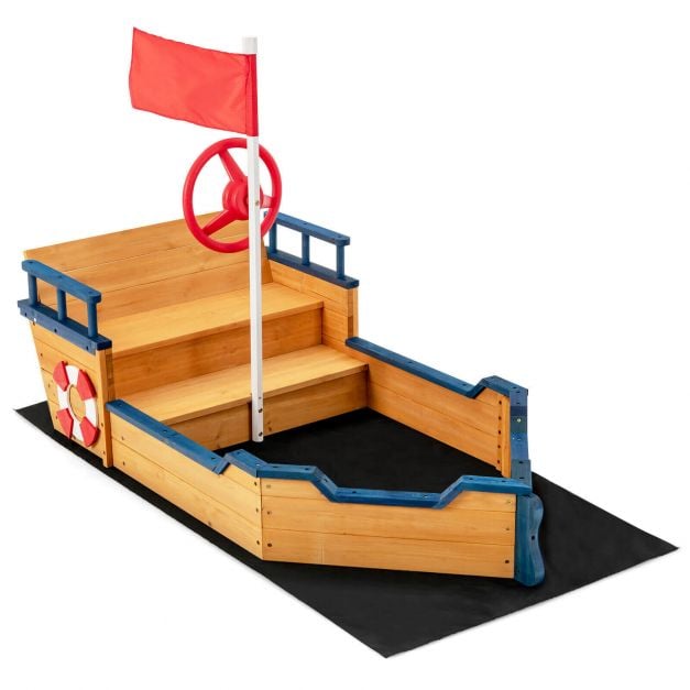 Wooden Pirate Sandboat with Bench Seat and Flag - TidySpaces