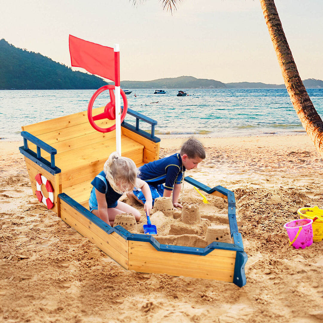 Wooden Pirate Sandboat with Bench Seat and Flag - TidySpaces