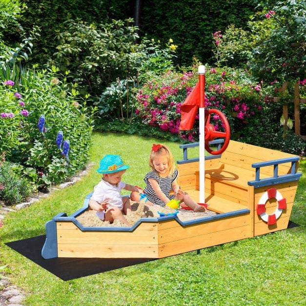 Wooden Pirate Sandboat with Bench Seat and Flag - TidySpaces