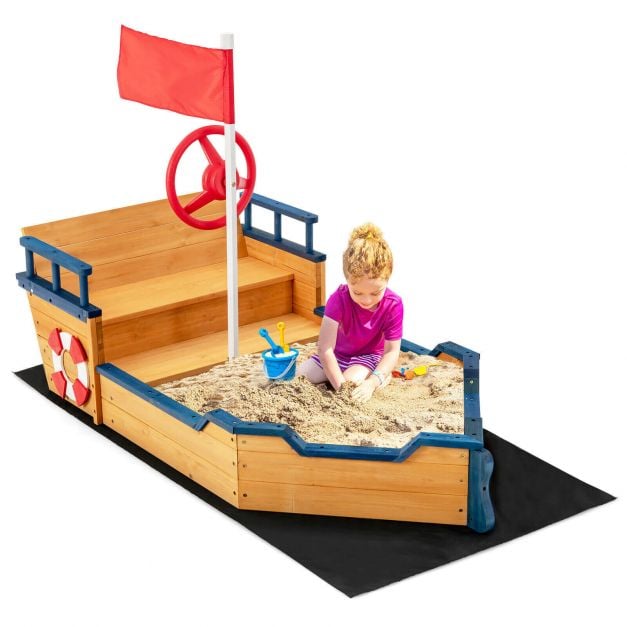 Wooden Pirate Sandboat with Bench Seat and Flag - TidySpaces