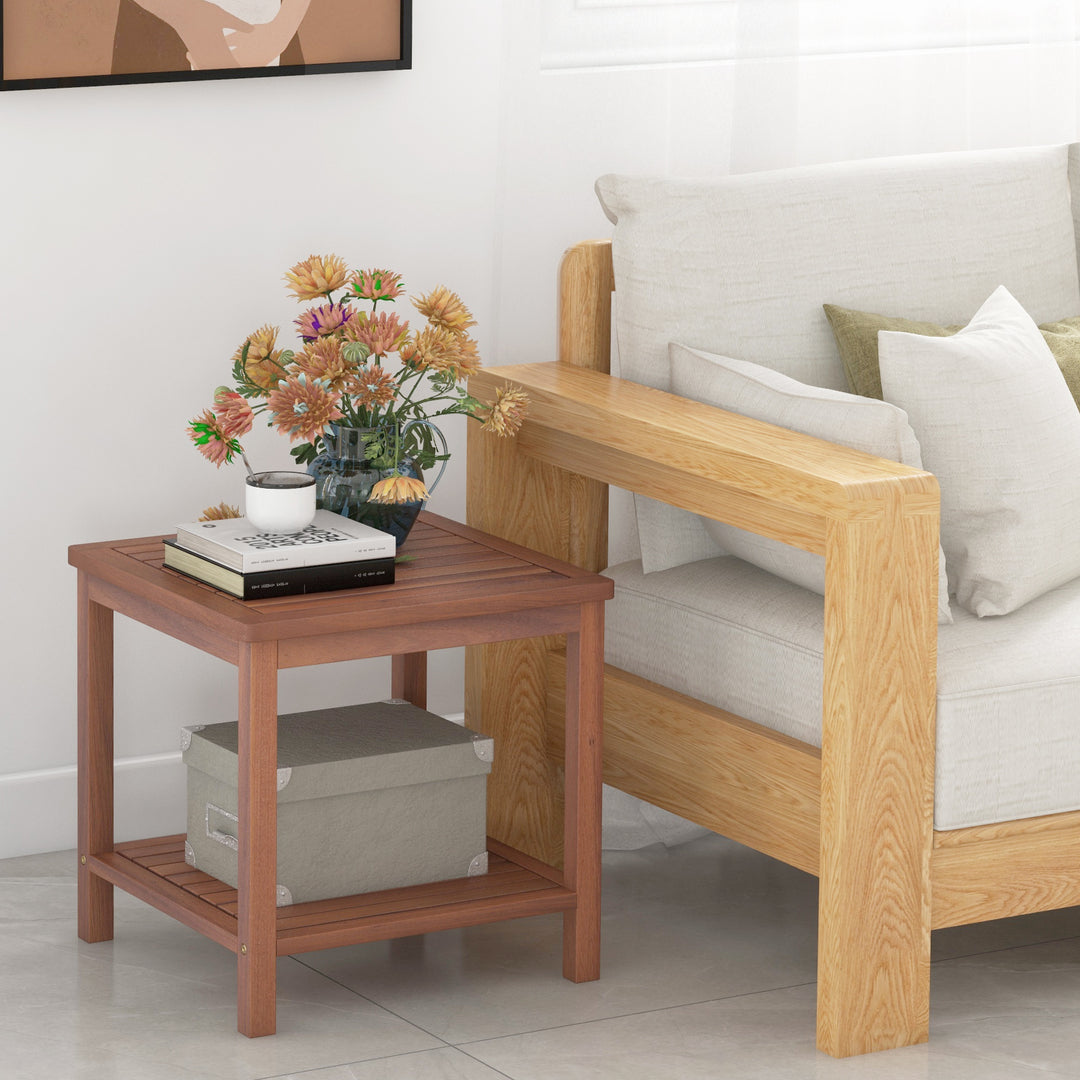 2 Tier Wooden Side Table with Slatted Tabletop Natural - TidySpaces