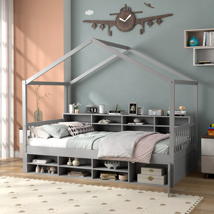 Wooden Single Size House Bed with Roof and 14 Storage Cubes