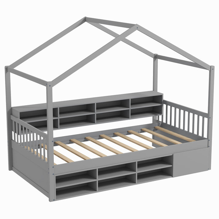 Wooden Single Size House Bed with Roof and 14 Storage Cubes
