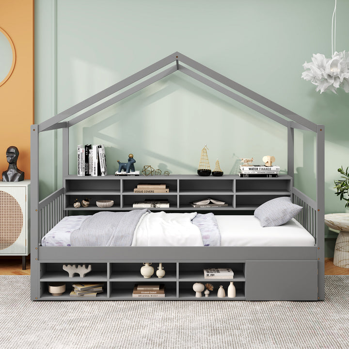 Wooden Single Size House Bed with Roof and 14 Storage Cubes