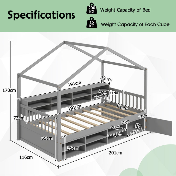 Wooden Single Size House Bed with Roof and 14 Storage Cubes