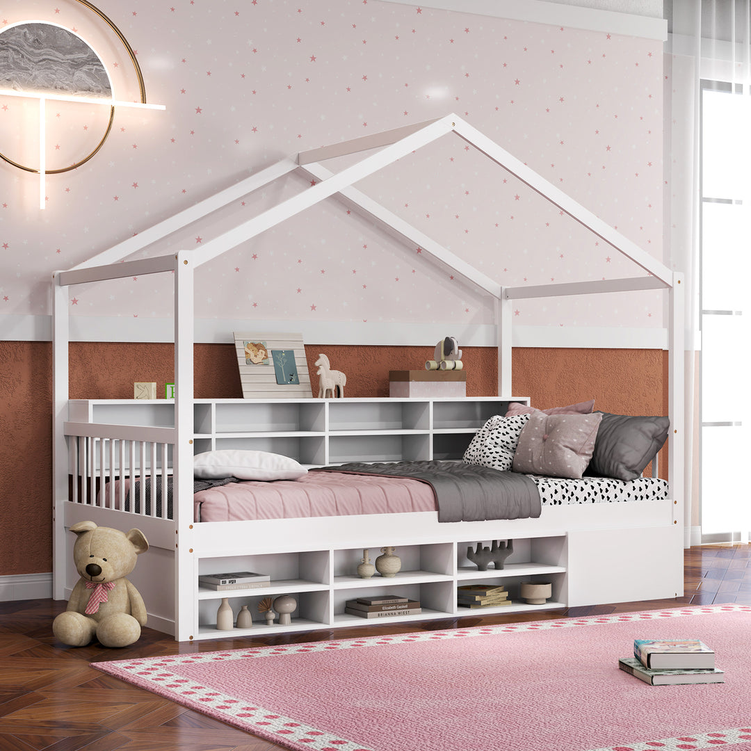 Wooden Single Size House Bed with Roof and 14 Storage Cubes