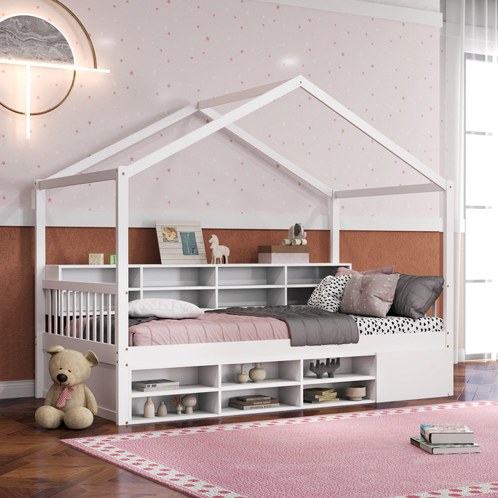 Wooden Single Size House Bed with Roof and 14 Storage Cubes