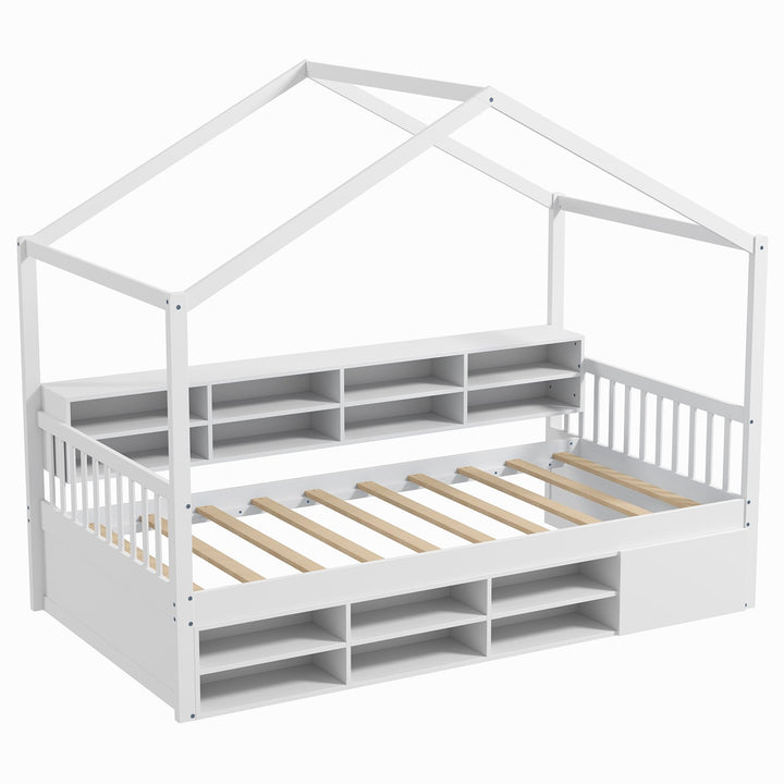 Wooden Single Size House Bed with Roof and 14 Storage Cubes