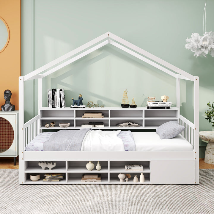 Wooden Single Size House Bed with Roof and 14 Storage Cubes