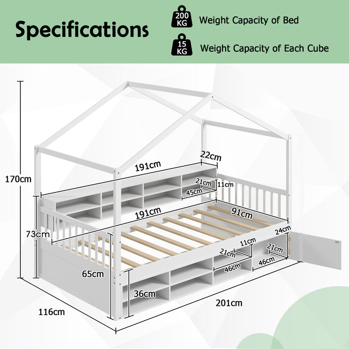 Wooden Single Size House Bed with Roof and 14 Storage Cubes