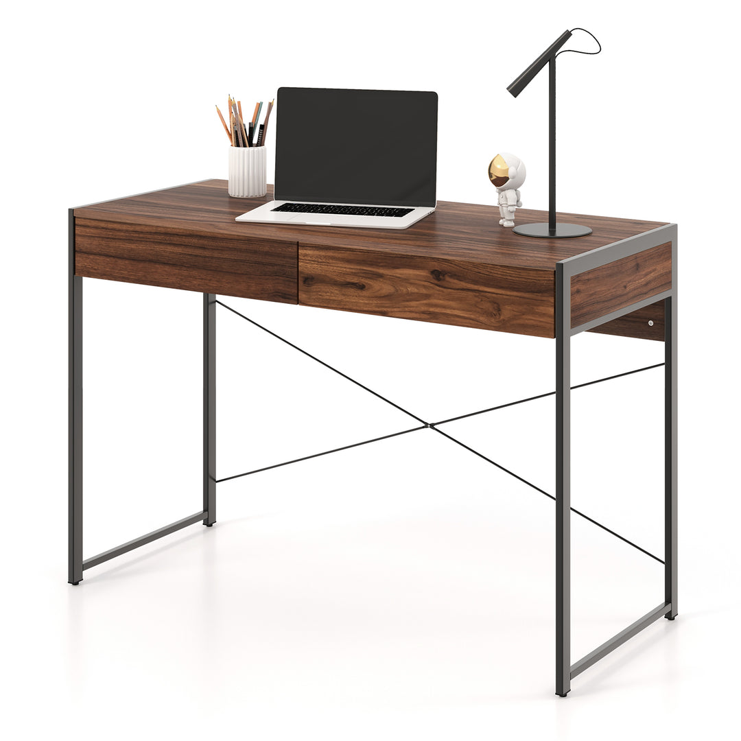 112 x 48 x 76cm Wooden Study Computer Desk with 2 Drawers - TidySpaces