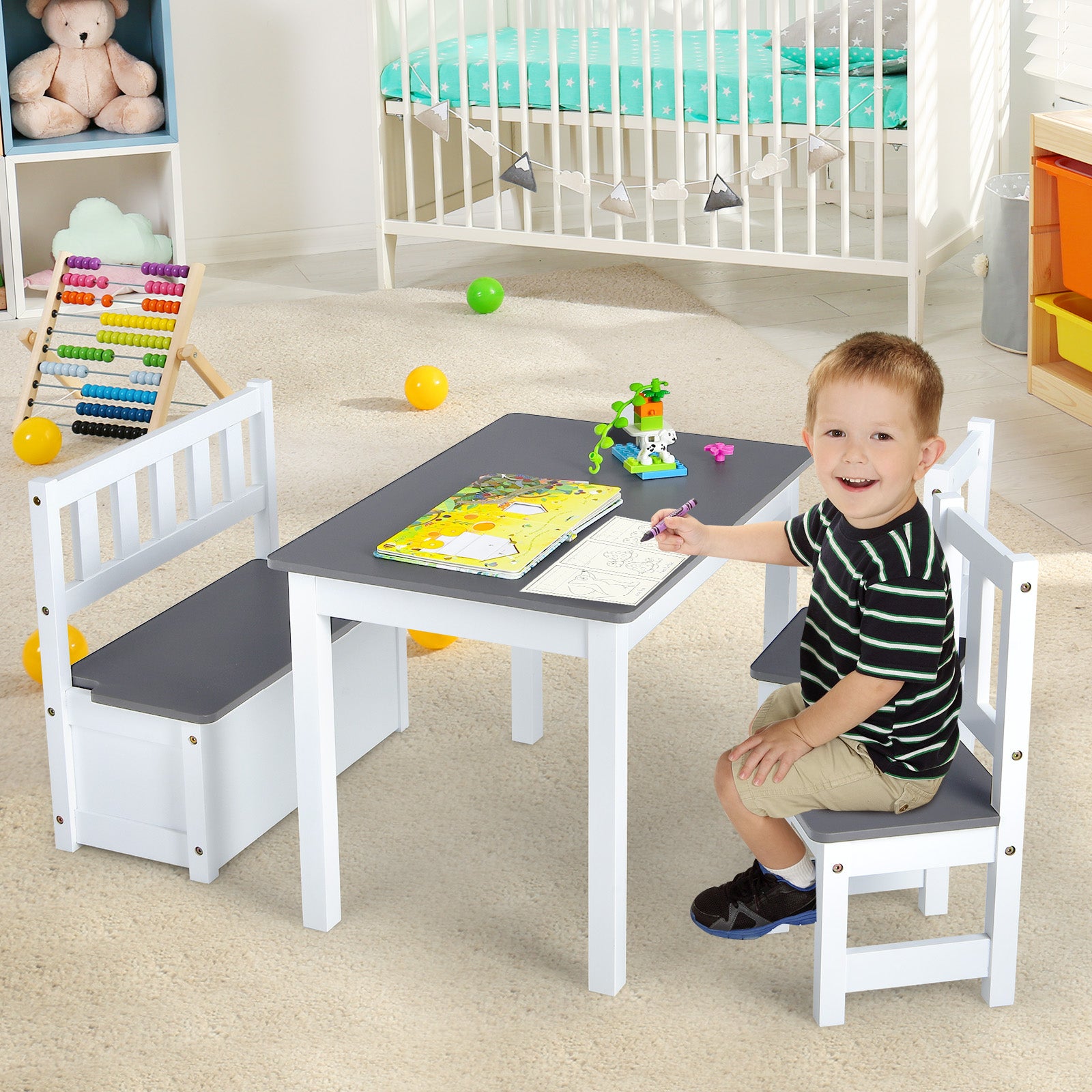 2 in 1 Wooden Toddler Activity Table Set with Toy Storage Bench TidySpaces