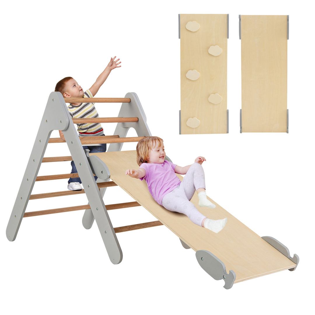 Wooden Triangle Climbing Ladder Set with 2 in 1 Reversible Ramp