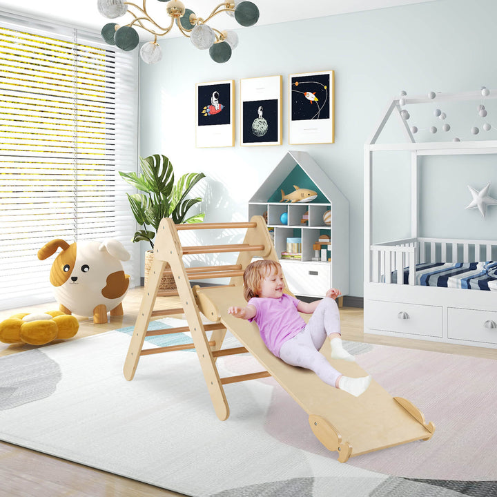 Wooden Triangle Climbing Ladder Set with 2 in 1 Reversible Ramp - TidySpaces