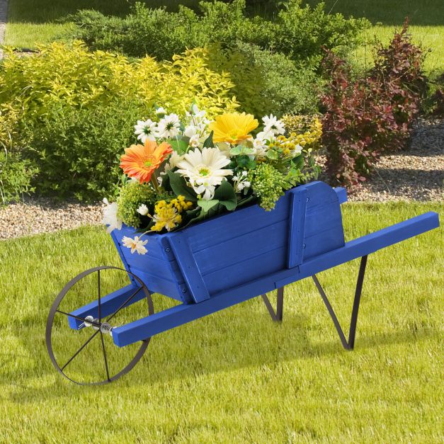 Wooden Planter Stand Wheelbarrow Flower Cart Garden Decoration