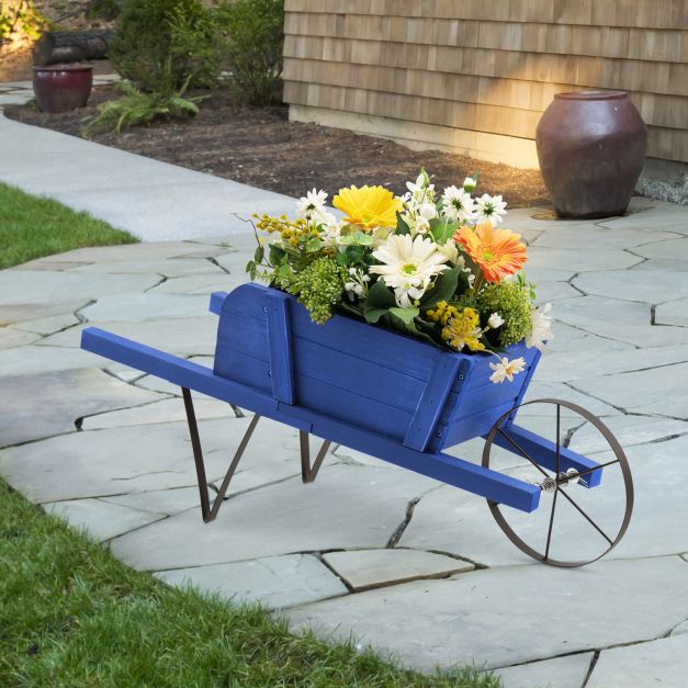 Wooden Planter Stand Wheelbarrow Flower Cart Garden Decoration