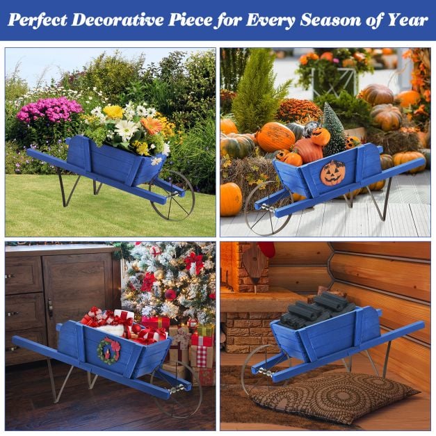 Wooden Planter Stand Wheelbarrow Flower Cart Garden Decoration