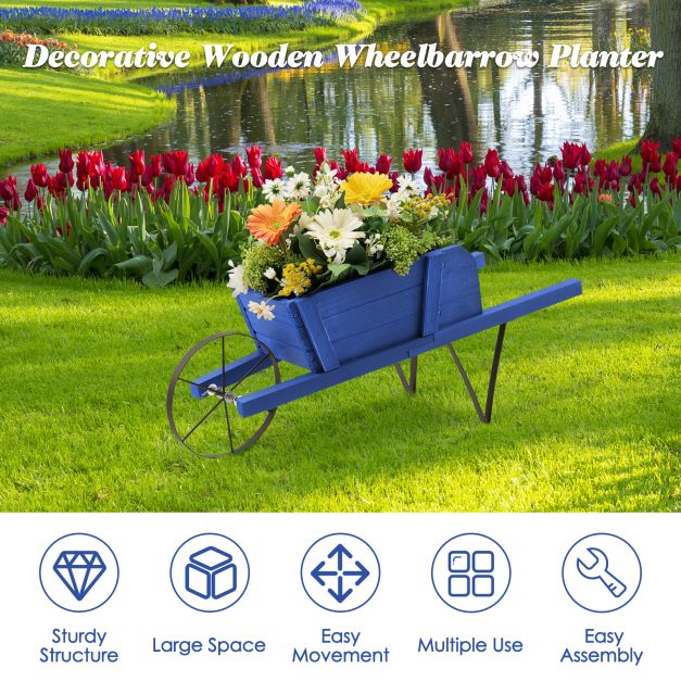 Wooden Planter Stand Wheelbarrow Flower Cart Garden Decoration