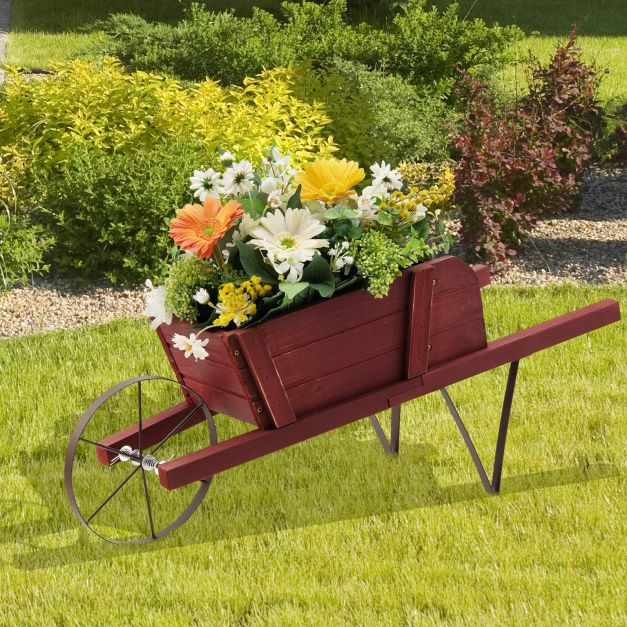 Wooden Planter Stand Wheelbarrow Flower Cart Garden Decoration