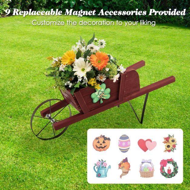 Wooden Planter Stand Wheelbarrow Flower Cart Garden Decoration