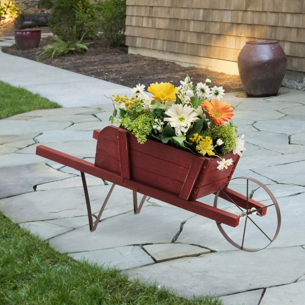 Wooden Planter Stand Wheelbarrow Flower Cart Garden Decoration