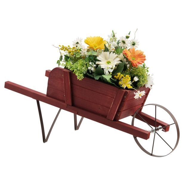 Wooden Planter Stand Wheelbarrow Flower Cart Garden Decoration