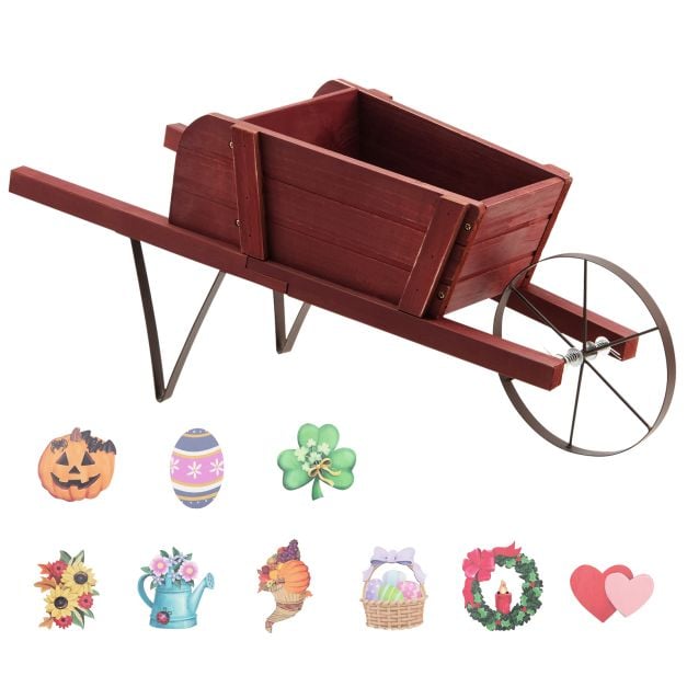 Wooden Planter Stand Wheelbarrow Flower Cart Garden Decoration