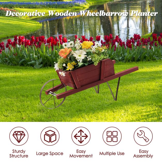 Wooden Planter Stand Wheelbarrow Flower Cart Garden Decoration