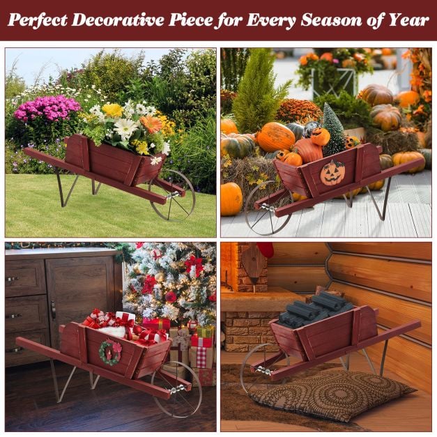 Wooden Planter Stand Wheelbarrow Flower Cart Garden Decoration