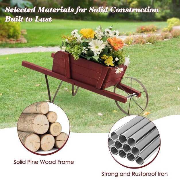 Wooden Planter Stand Wheelbarrow Flower Cart Garden Decoration