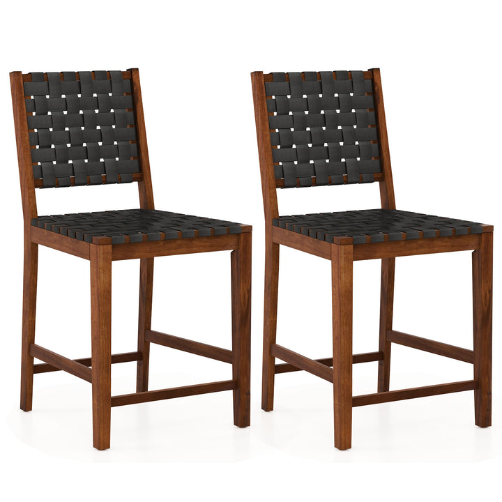 Woven Bar Stools Set of 2 with Faux PU Leather Straps Black &