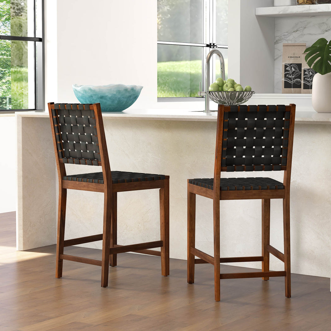 Woven Bar Stools Set of 2 with Faux PU Leather Straps Black &