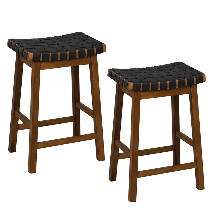 Faux PU Leather Counter Height Stools Set of 2 with Woven Curved Seat Black &