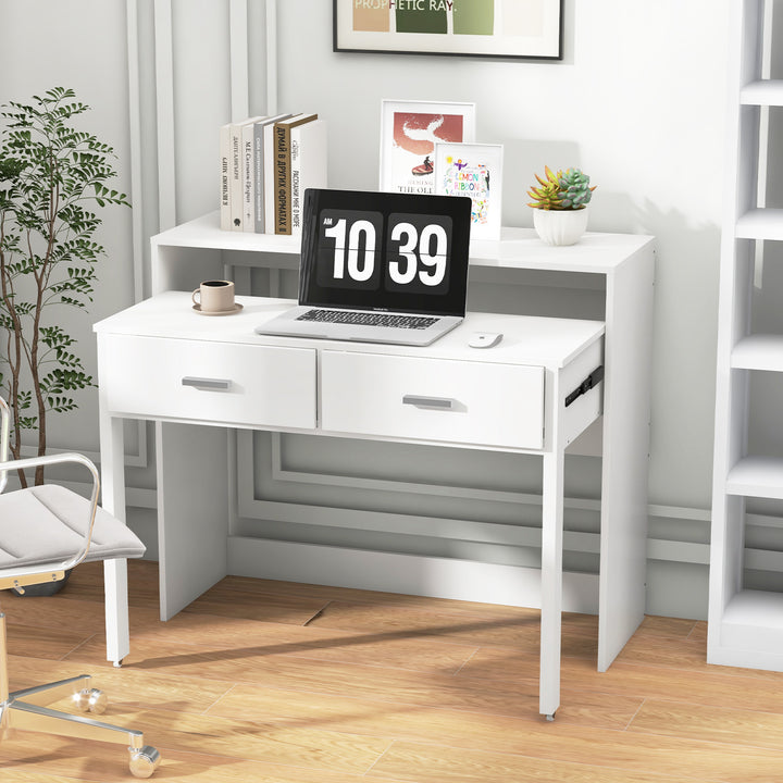 Extendable Writing Desk with Monitor Shelf and Wheels for Home Office-White